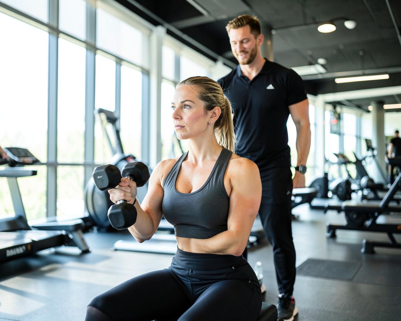 Woman doing a dumbbell workout with a coach